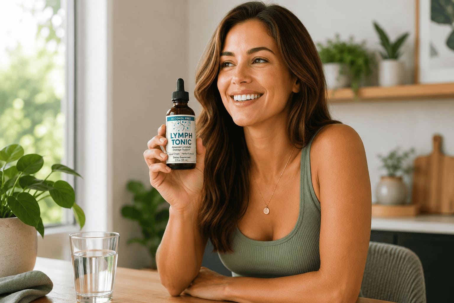 Woman holding Lymph Tonic in a wellness lifestyle setting